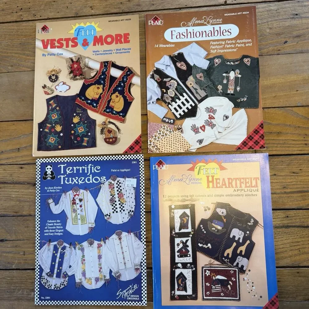 Vintage Plaid Wearable Art Pattern Lot Felt Vests Applique Alma Lynne 4pc